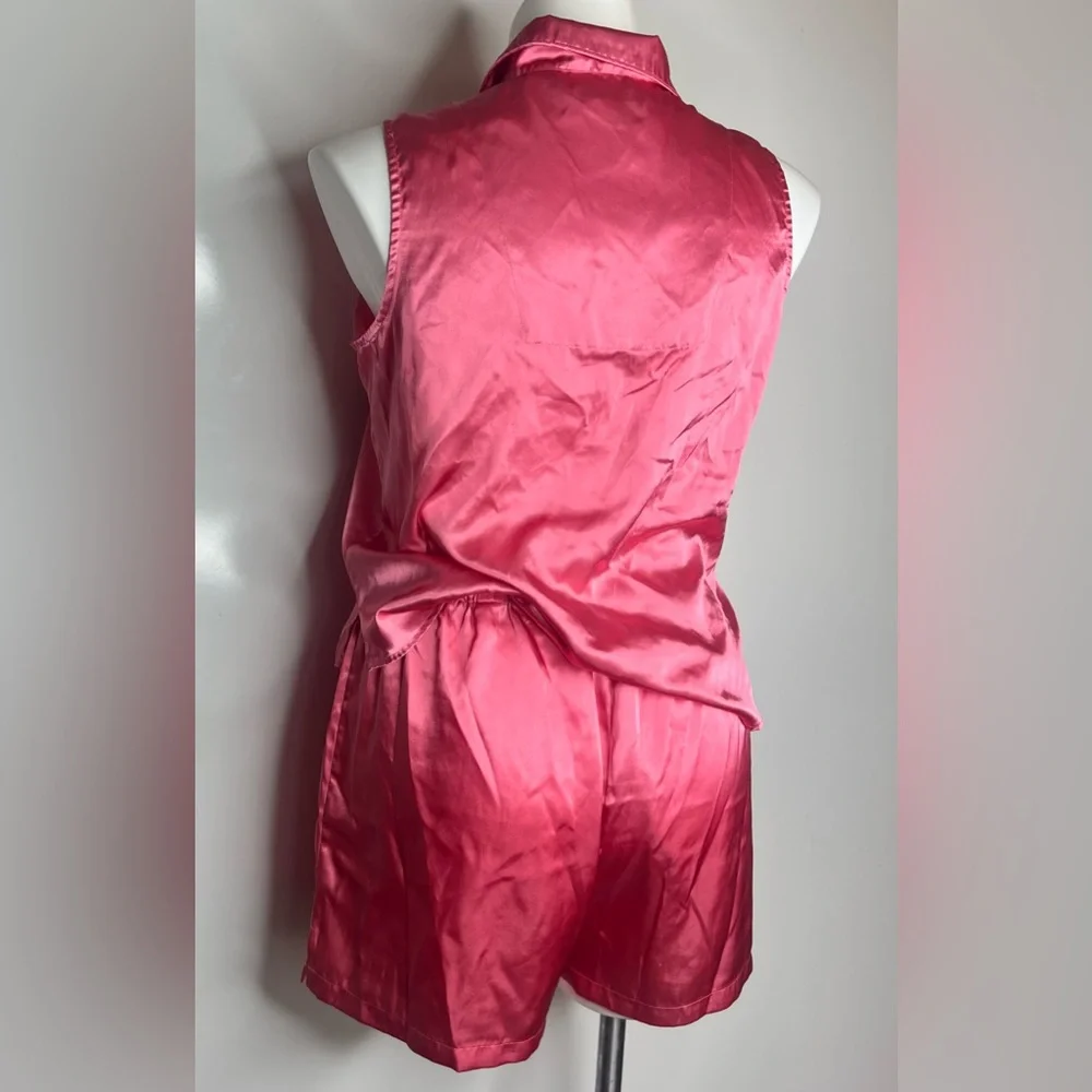 Vintage Satin Pajama Set 90s Valerie Stevens Sleevless Top Shorts Pink Silky Pjs - Picture 9 of 16